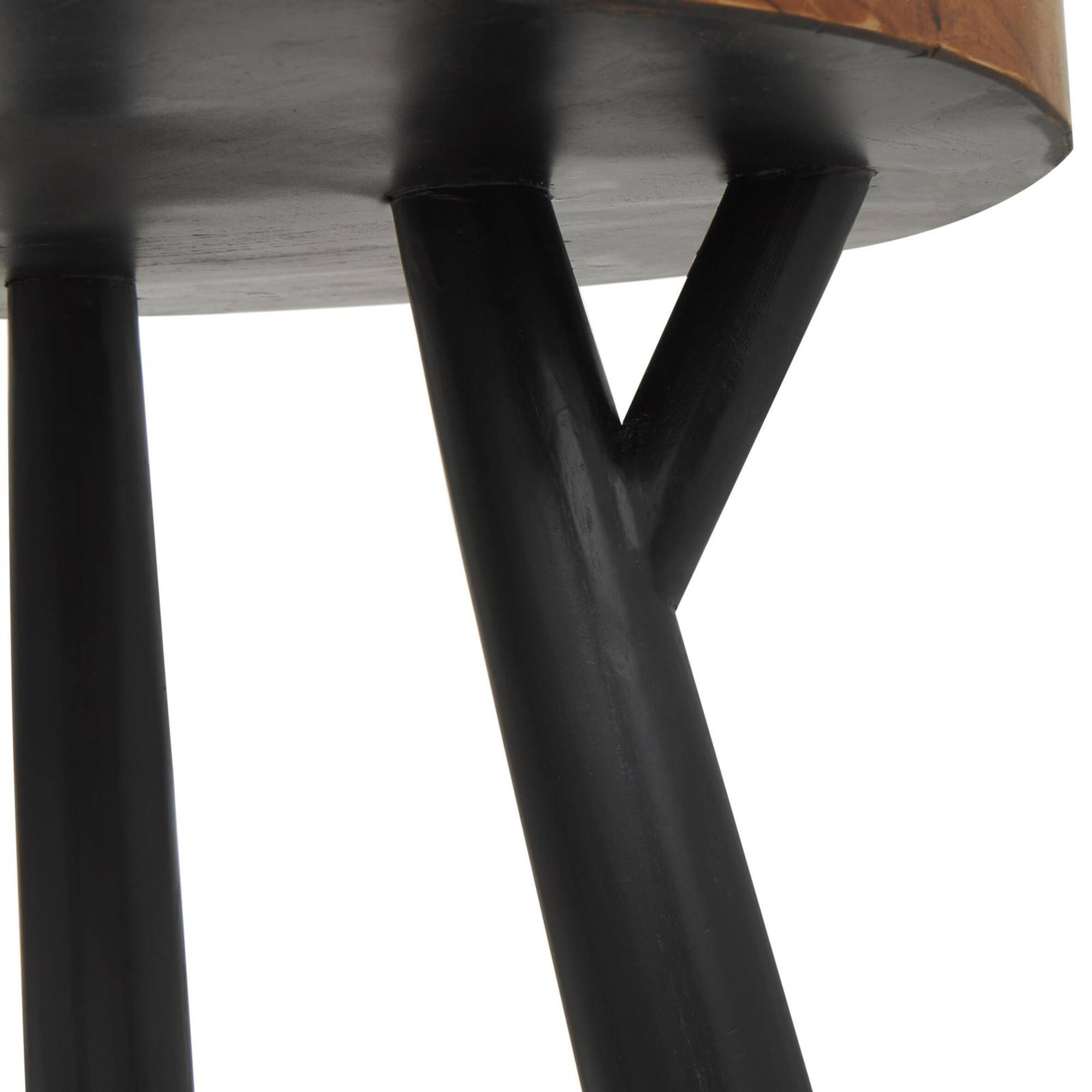 22" Brown Teak Wood Round Accent Table with Geometric Layered Circle Design and Black Legs